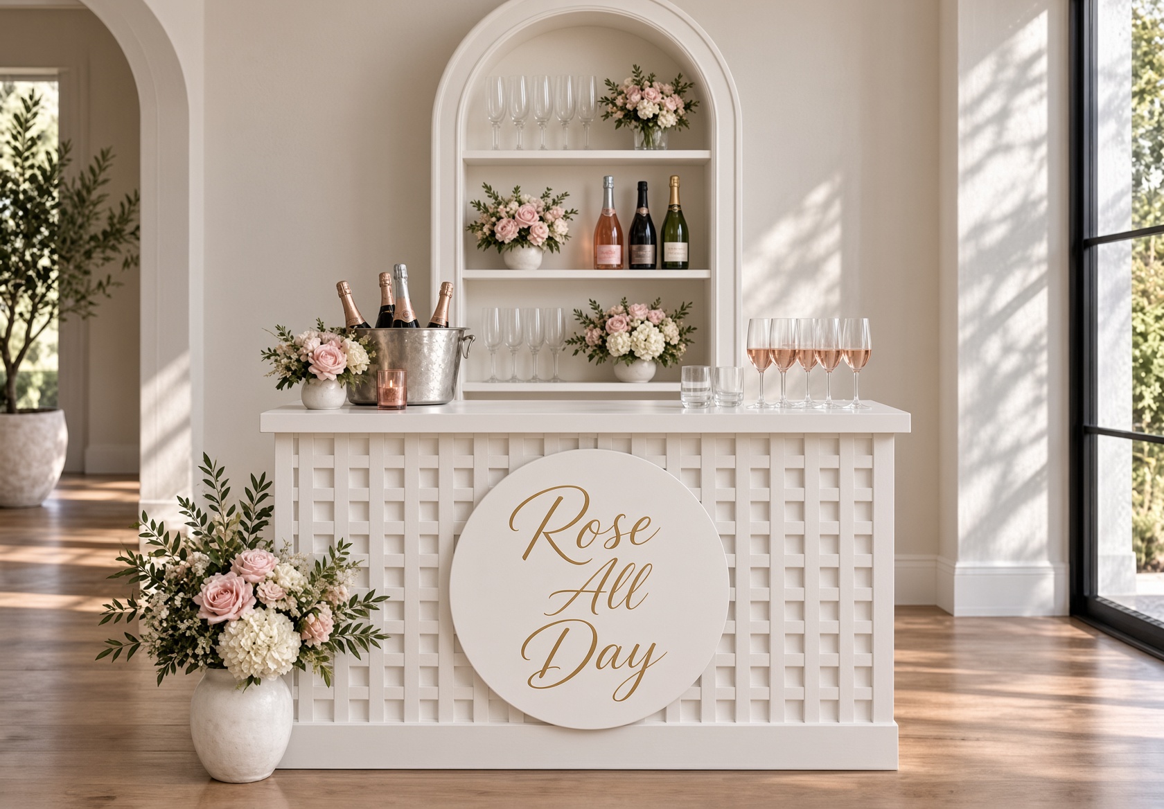 Rose All Day custom cart in a light-filled event space