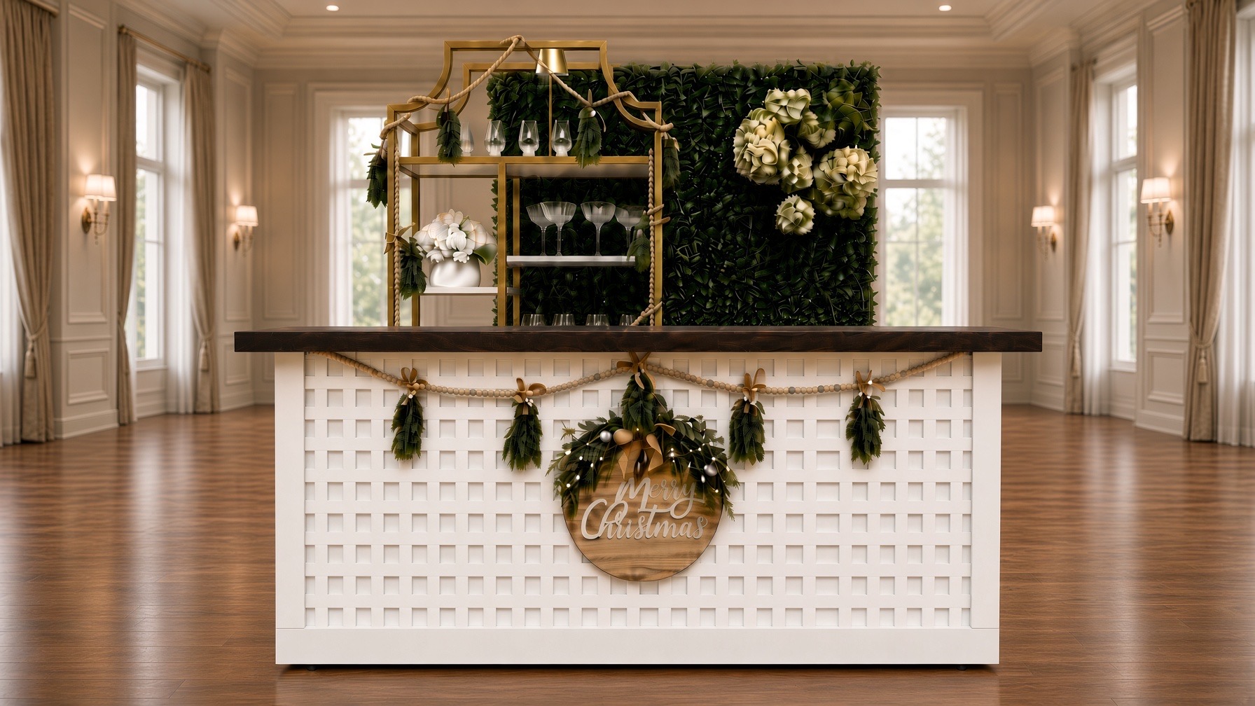 Christmas bar with a Merry Christmas sign, bead garland and hedge wall in a sunlit ballroom