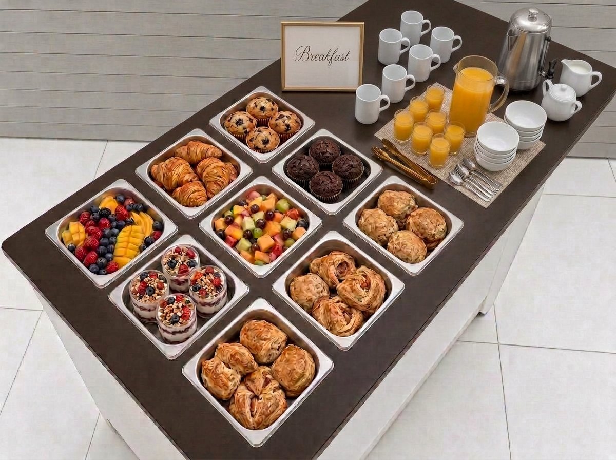 Breakfast station with pastries, fruit, yogurt parfaits, orange juice pitcher and glasses, and a coffee urn with cups