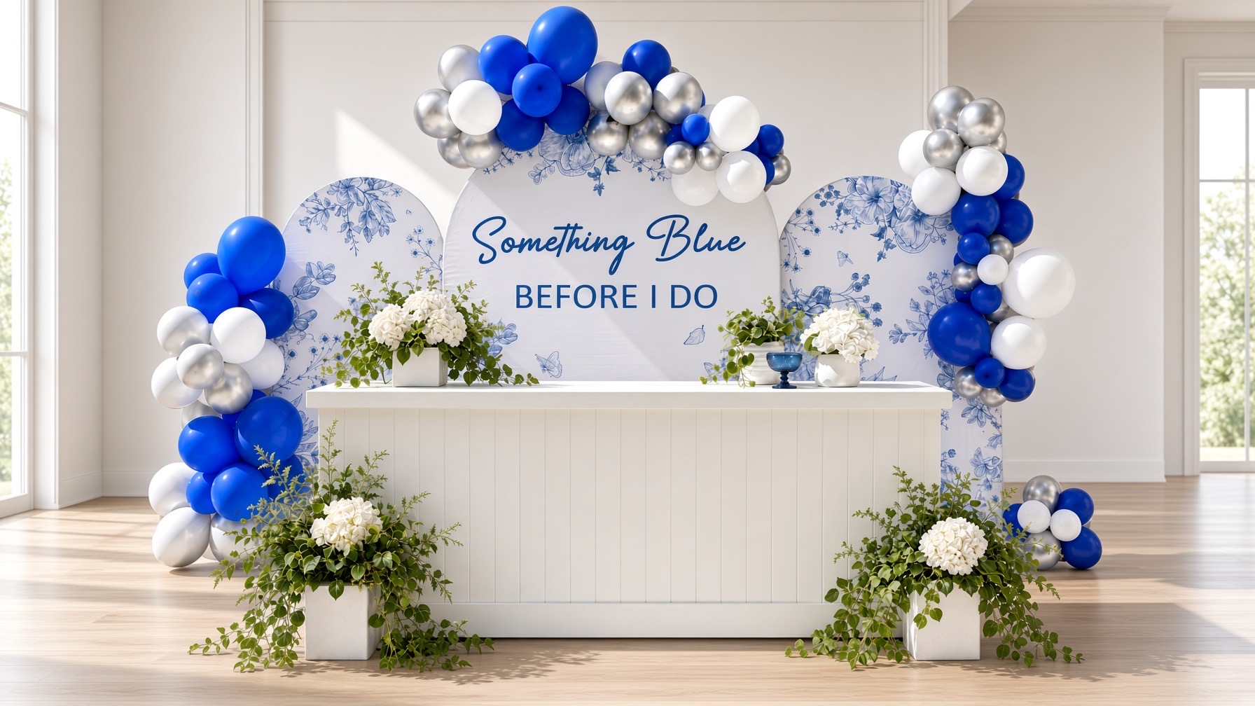 Bridal shower bar with blue, silver and white balloons and arched backdrops in a sunlit room