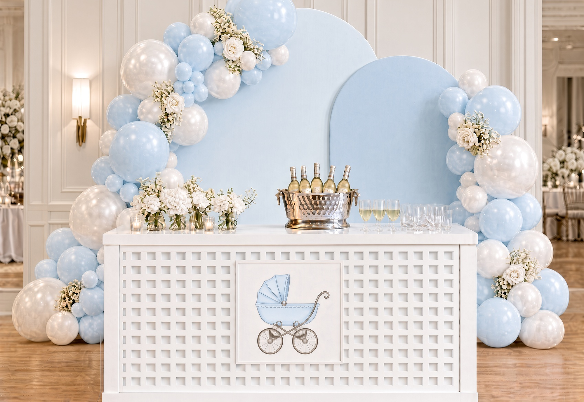 Blue and white custom cart with balloon arch