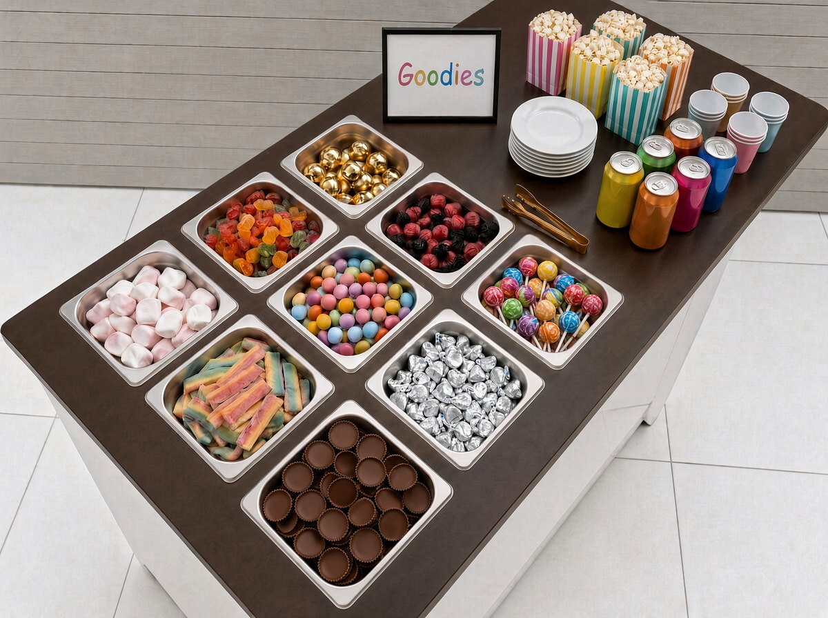 Dessert station top with a Goodies sign, colorful candies, plates, soft drinks, cups and striped popcorn bags